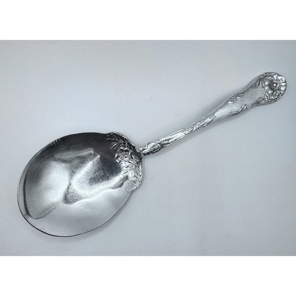 1877 Niagara Falls Silver Co Silverplate Berry Serving Spoon Wild Rose Large